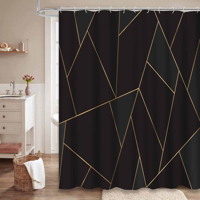 En Lines Mosaic Black Graphic Luxury Gold Shower Curtain with 12 Hooks