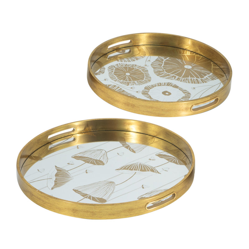 Round Plastic Mirror Trays with Floral Motif - Gold - L:D17.5x1.5" S:D14.5x1.5"