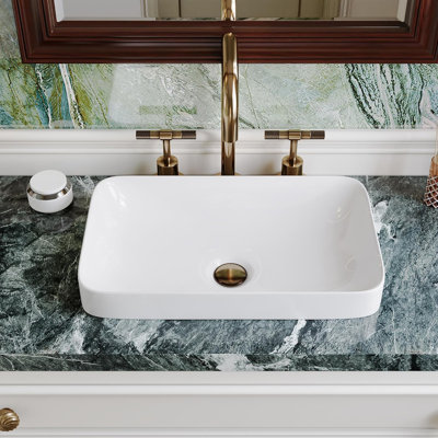 19.29'' Rectangular White Ceramic Semi-Recessed Vessel Bathroom Sink, Modern Above Counter Sink with 1.75'' Drain Opening