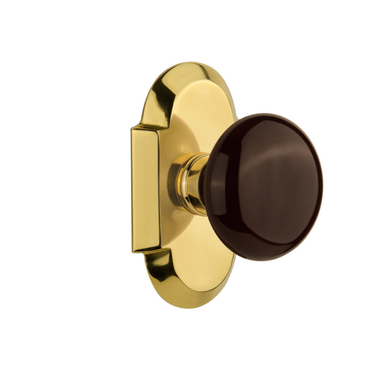 Cottage Plate with Brown Porcelain Door Knob, 2.375", Polished Brass