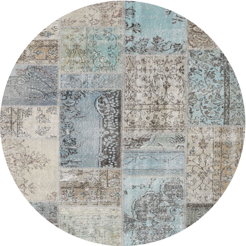 Tapis bleu/gris contemporain, Rond 8 pi