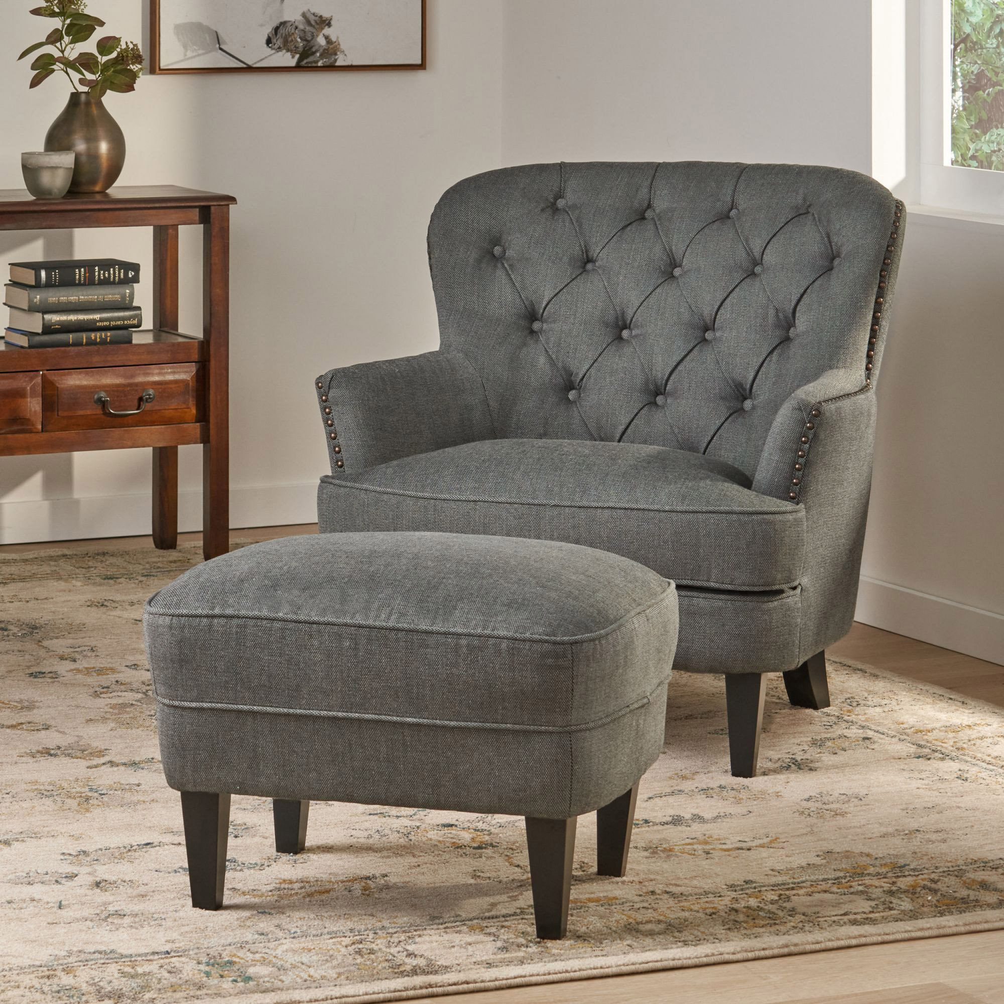 Stylish Light Grey Fabric Club Chair and Ottoman Set
