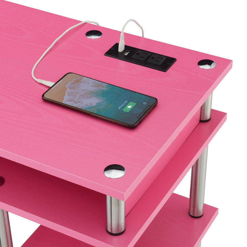 Edwin No Tools Computer Desk with Built-In Outlets, Pink