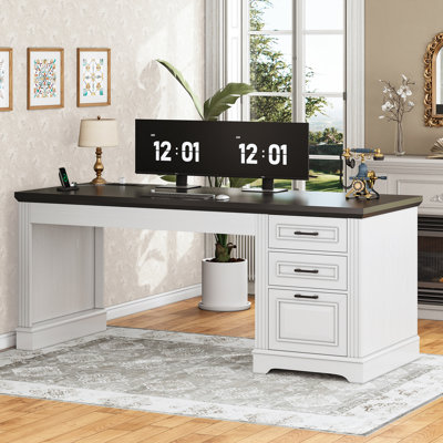 Computer Desk Executive Desk With 3 Drawers, Farmhouse 55" Office Desk With Storage Drawers With Power Outlet For Home Office