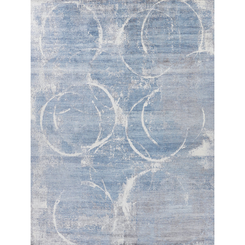Fine Pure Silk Geometric Hand-Knotted Blue/Gray/Ivory Area Rug, Rectangle 10' x 14'