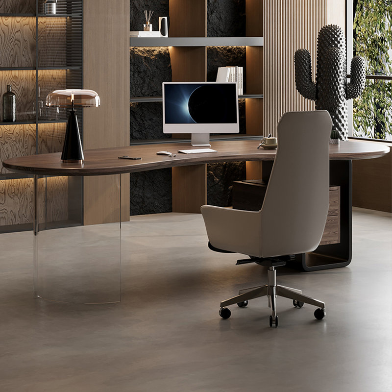 Bureau à 2 tiroirs brun noisette + bois massif courbé noir + acrylique + fer, H 29,53 po x l 94,49 po x P 34,25 po