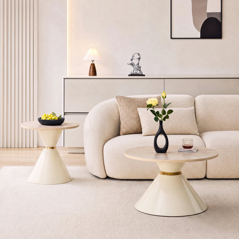 Living Room Table Set, Cream,  Beige Wood