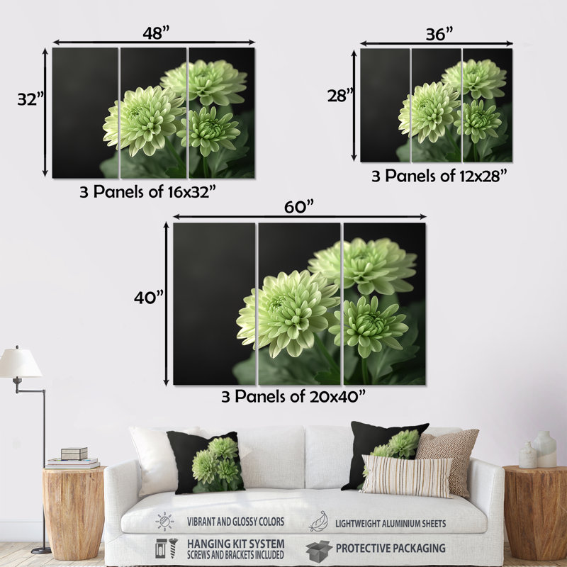 «Green Monochrom Mums Flowers Bouquet II», ensemble de reproductions d'art mural, H 40 po x l 60 po x P 1 po