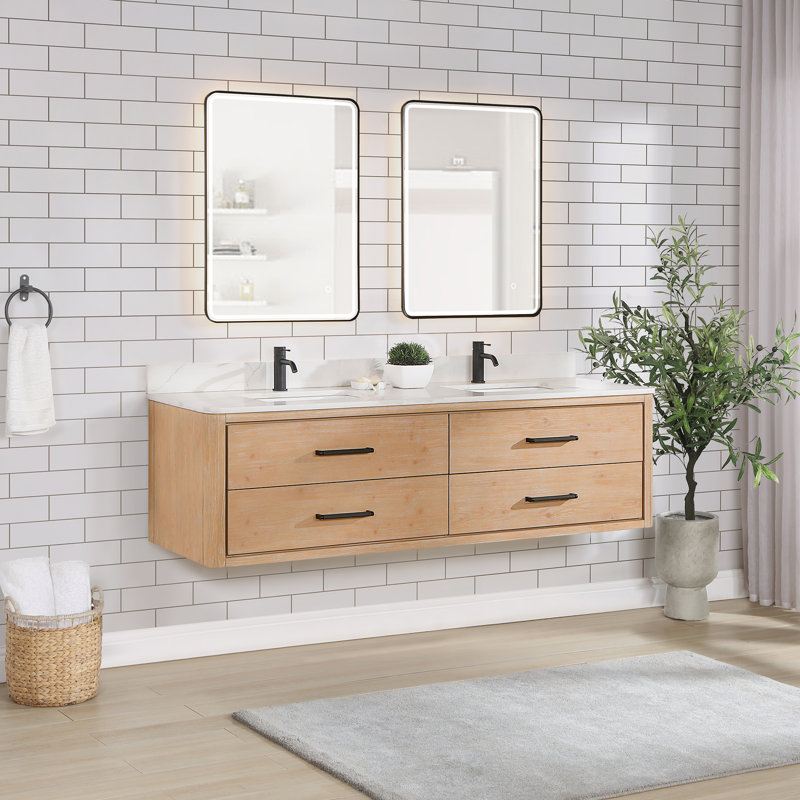 Meuble-lavabo double mural 72 po avec plateau en quartz Calacatta Cristo, Bois de sapin brun