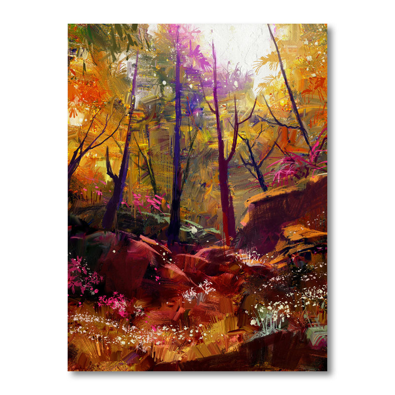 «Beautiful Autumn Forest with Sunlight», peinture sur toile, H 40 po x l 30 po, Toile tendue