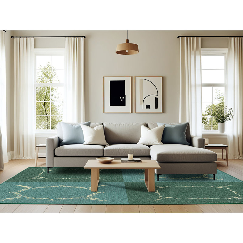 Laine tissée à la machine à motifs géométriques et polyester olive/jaune Tapis décoratif, Rectangle 6 pi x 9 pi