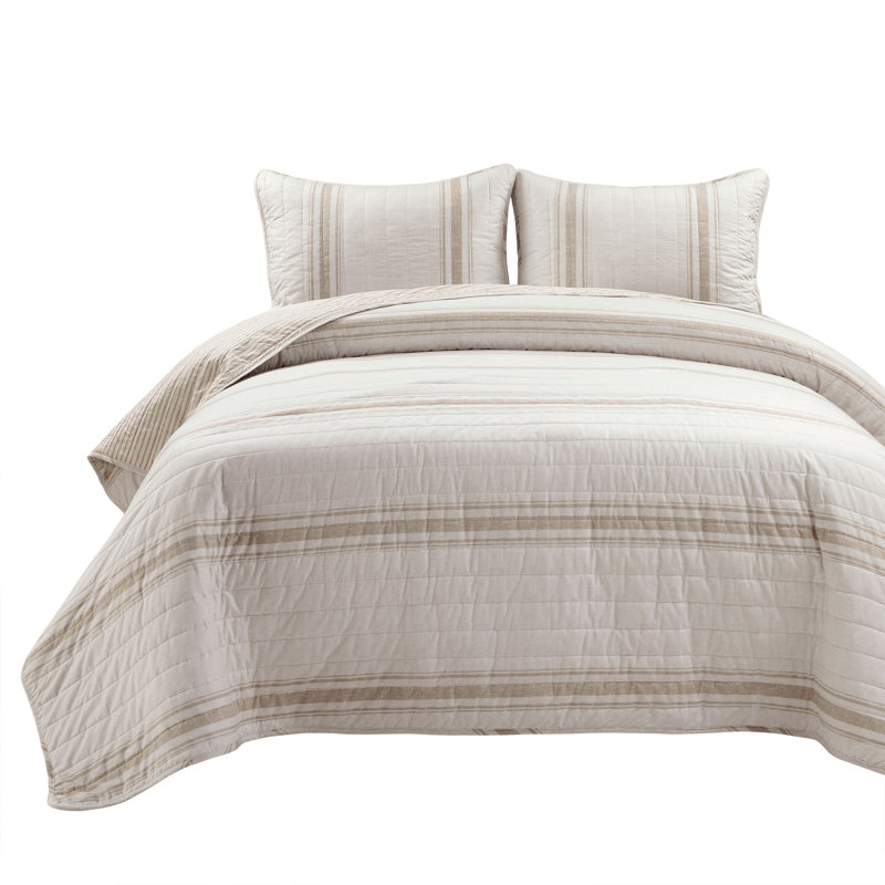 Farmhouse Stripe King Cotton Quilt Set in Neutral - Reversible