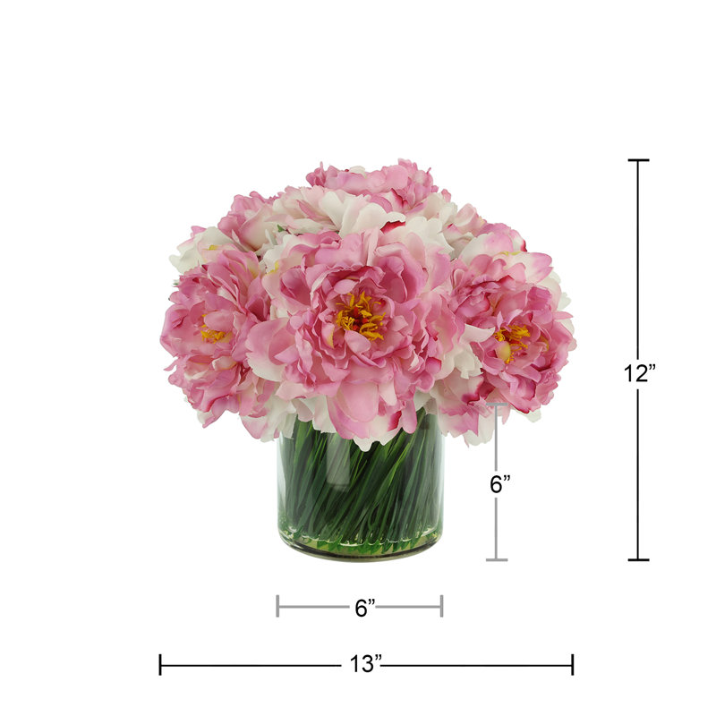 Peonies Arranged in Glass Vase with Grass, Pink