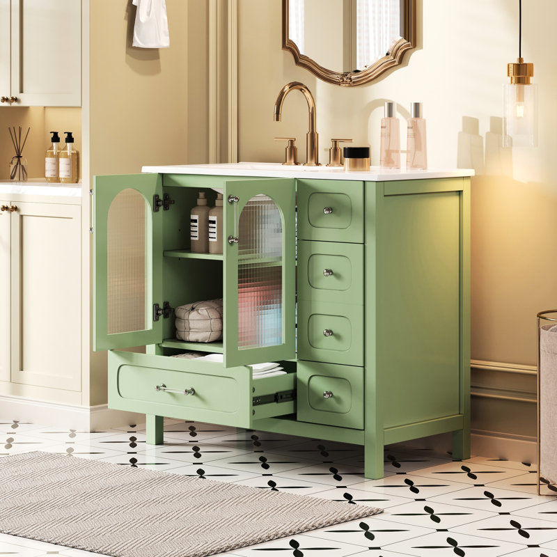 Rangement de salle de bain 36 pouces avec verre texturé gaufré, quatre tiroirs profonds, deux portes, tablette réglable, finition fraîche, poignées, étagères en verre à conception d'armoire sans couture, charnières, silencieux et lisse