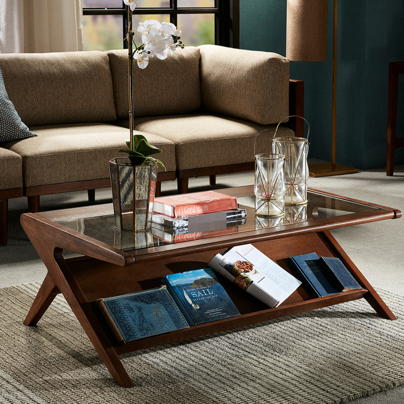 Table basse rectangulaire en verre - Rangement en bois massif trempé et spacieux pour le salon