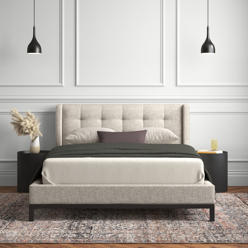 Estrela Upholstered Metal Wingback Bed, Queen, Plushtone Linen