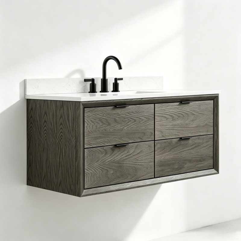 48" Transitional Floating Single Sink Solid Wood Gray Oak Bath Vanity with Engineered Marble Top, Gray Oak