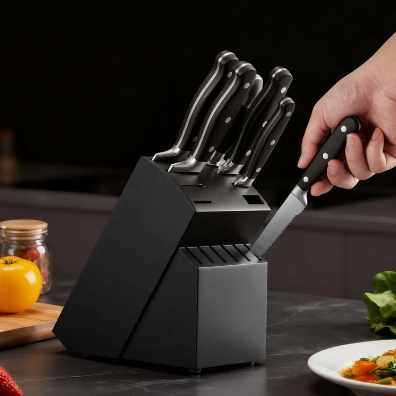 Ensemble de couteaux de cuisine avec bloc et aiguiseur, ensemble de couteaux tranchants en acier inoxydable à haute teneur en carbone de 15 pièces, coutellerie de cuisine avec poignée résistante aux fissures, tige d'affûtage et bloc en bois, pour cuisiniers à domicile