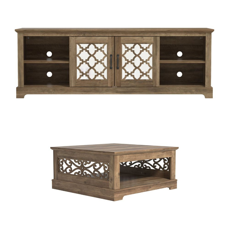 Ensemble de rangement de salon moderne coordonné 2 pièces Korbin, Knotty Oak, Chêne noueux