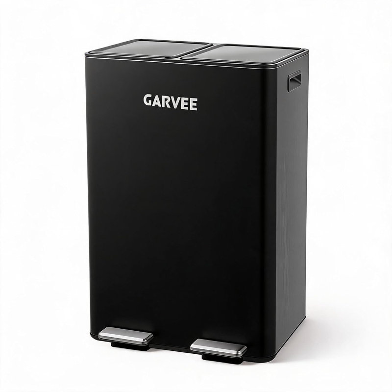 60L Dual Compartment Pedal Trash Can, Matte Black, Black