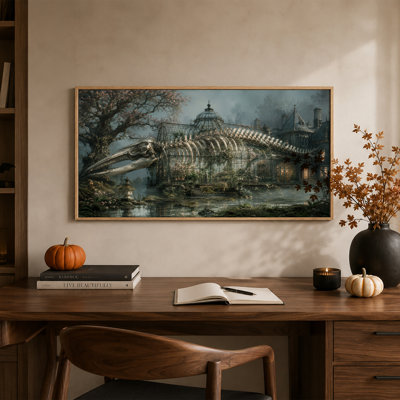 Serre en forme de squelette de baleine avec fleurs roses et toile murale d'Halloween