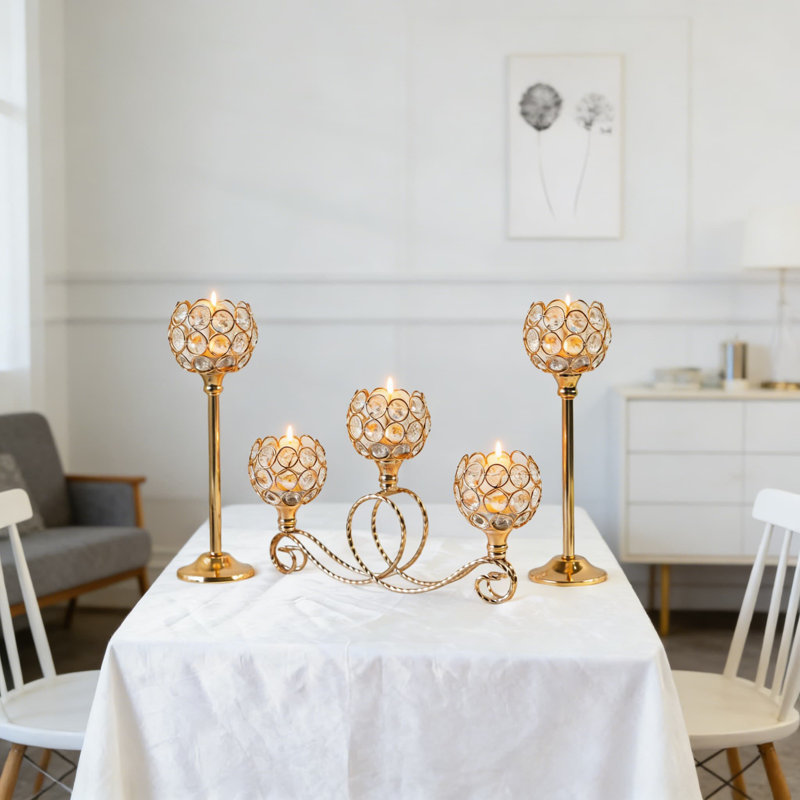 Élégant porte-bougie en cristal et métal, 5 pièces, centre de table pour mariage, Noël et décoration intérieure, ensemble de 3