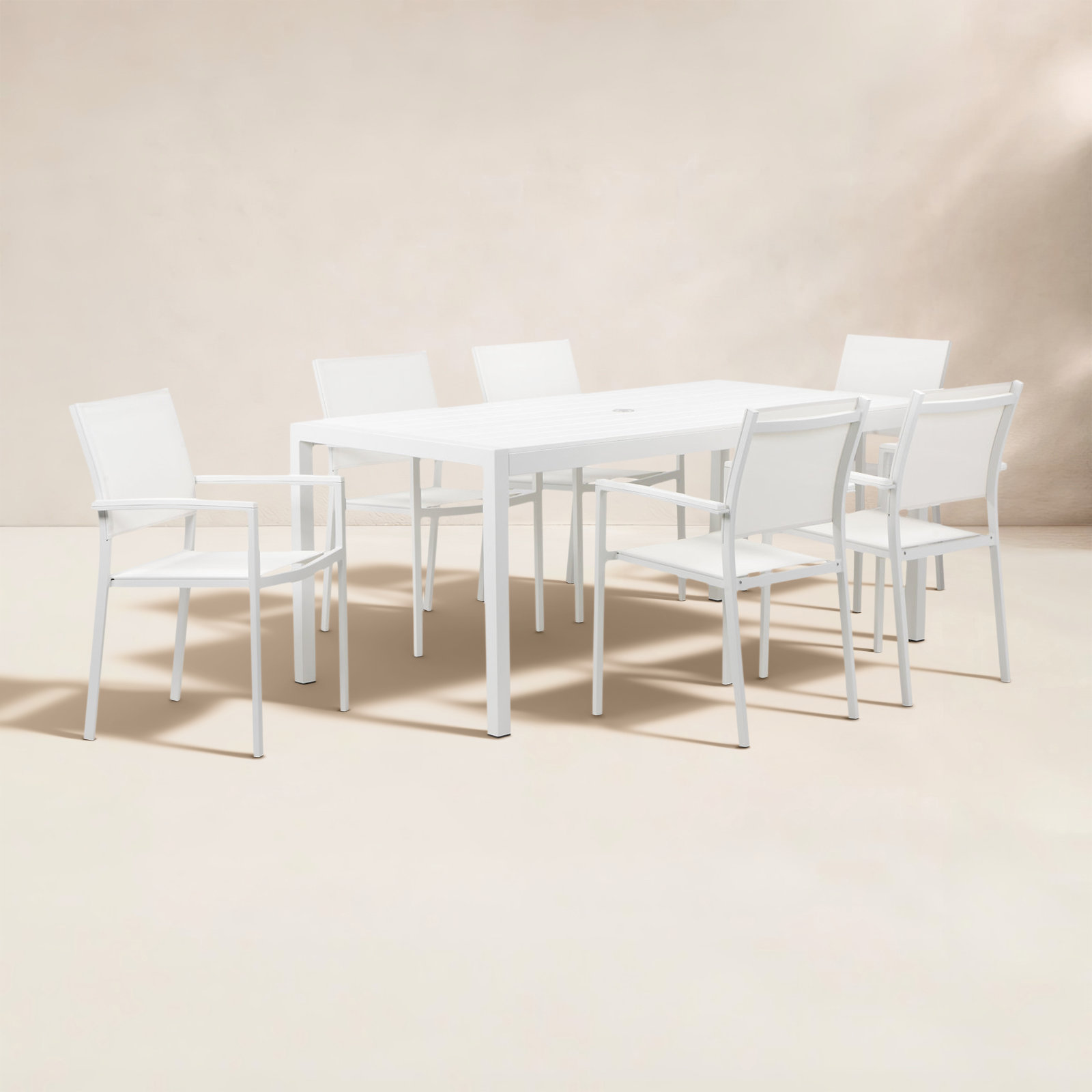 Aynura 71" Patio Dining Set, White Frame/White Top