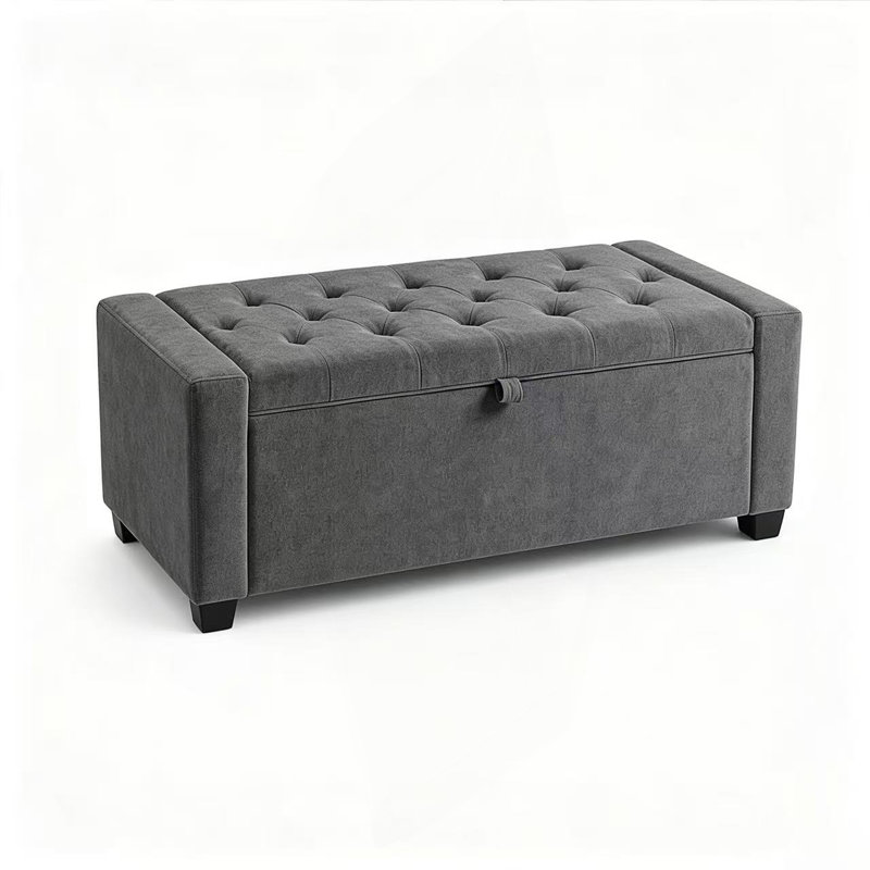 Banc de rangement, banc de bout de lit, banc ottoman rembourré avec charnière de sécurité, Gris foncé, Gris foncé