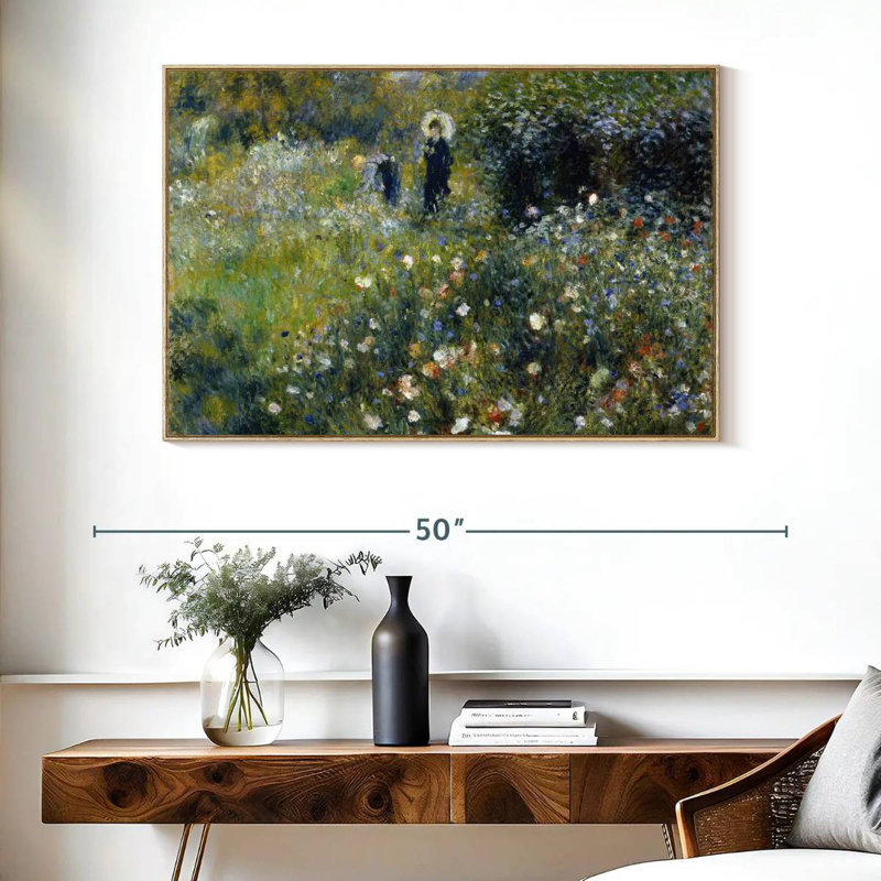Femme avec un parasol dans un jardin, Cadre flottant en bois naturel, 40 po x 27 po