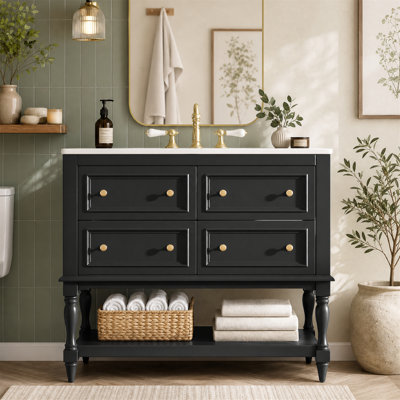 Meuble-lavabo autoportant 36 po avec lavabo en céramique 36 po, 4 tiroirs et tablette ouverte, noir