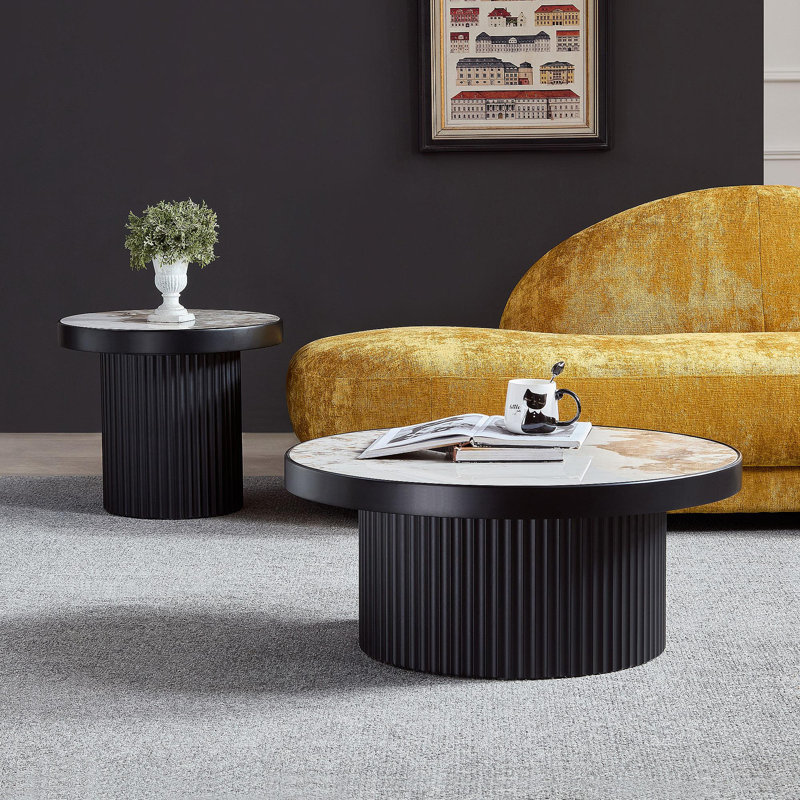 Ensemble de 2 tables basses, table basse ronde en panneau de fibres à densité moyenne en aggloméré pour salon, noir
