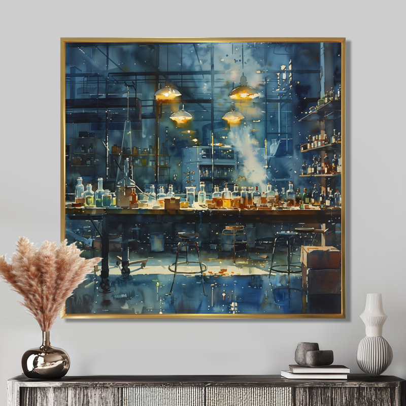 Bleu et jaune, laboratoire de recherche chimique III - laboratoires, art mural, Cadre flottant doré, H 16 po x l 16 po