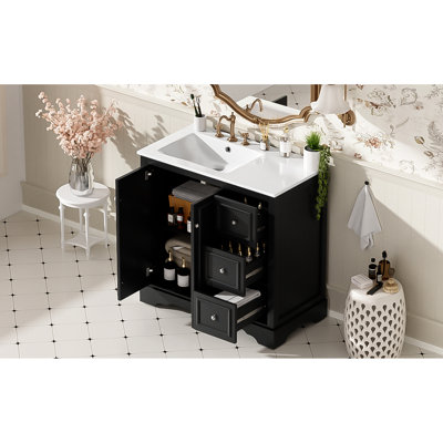 Meuble-lavabo de 36 po au design transitionnel, 3 tiroirs, réglable et lavabo en céramique de 36 po avec charme, lavabo et plusieurs tiroirs