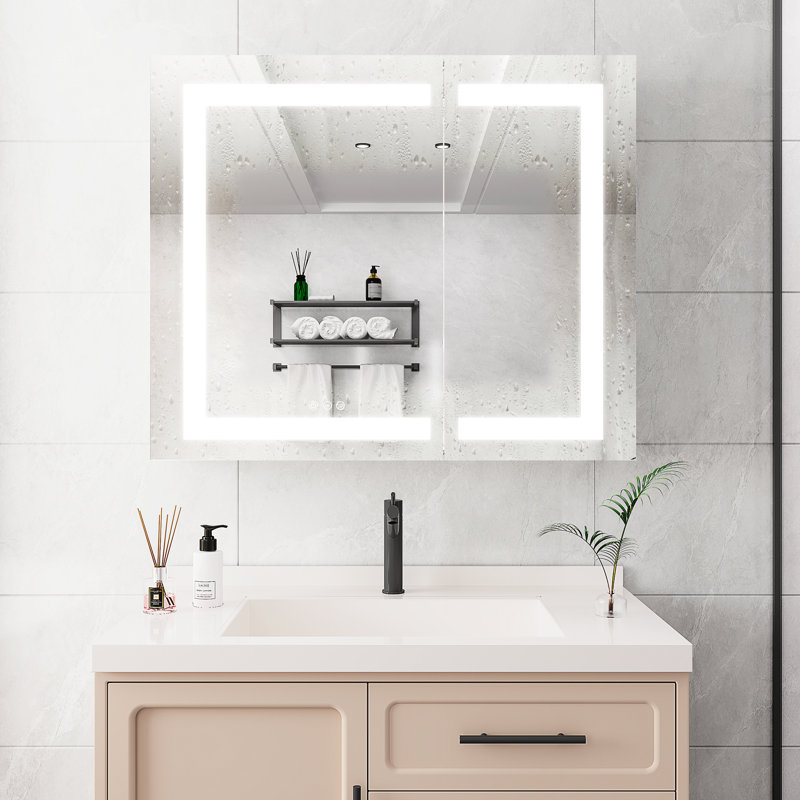 Armoire de salle de bain 36 po x 30 po avec miroir à DEL - double porte à brouillard avec beaucoup d'espace de rangement, luminosité et température de couleur réglables, porte, 3000 K 6000 K, 3 tablettes, style américain