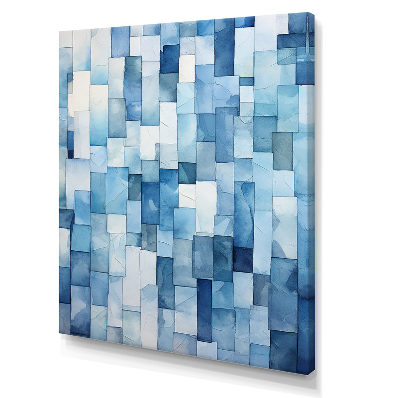 Carreaux scandinaves blancs et bleus VI - art mural abstrait, Toile tendue, H 32 po x l 16 po x P 1 po