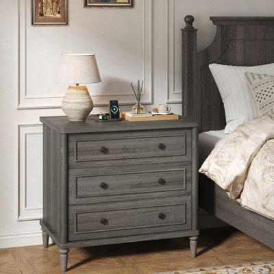 Cesare Farmhouse 30"W Nightstand with 3 Drawers and a Charging Station, Solid Wood Bedside Table Wood Night Stand