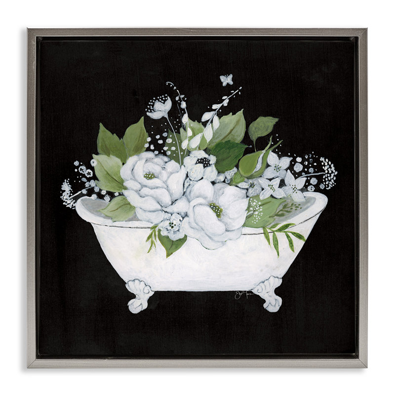 Charmante baignoire florale encadrée dorée, art mural par Janet Tava, Cadre flottant gris lustré, H 18 po x l 18 po