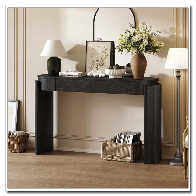 Table d'entrée avec finition grain de bois naturel, console avec conception cannelée, plateau ovale et 2 tiroirs pour l'entrée et le salon