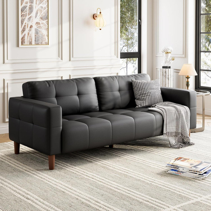 83" 3-Seater Faux Leather Sofa with Spring Cushion, Deep Seat Sofa for Living Room & Office, Black