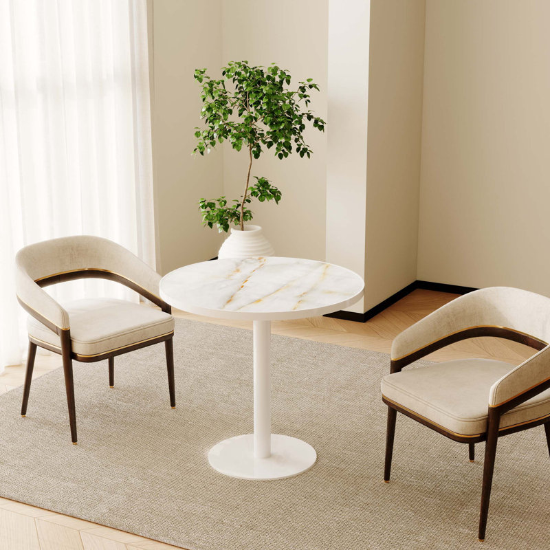 Table de salle à manger ronde moderne avec plateau en pierre Snow Mountain, White, White/Gray/Gold