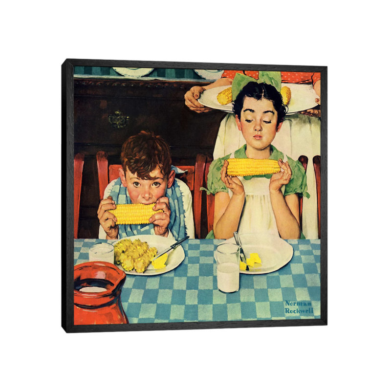 Who's Having More Fun Kids Eating Corn by Norman Rockwell - Painting on Canvas, 45.72 cm H x 45.72 cm W, Black Framed