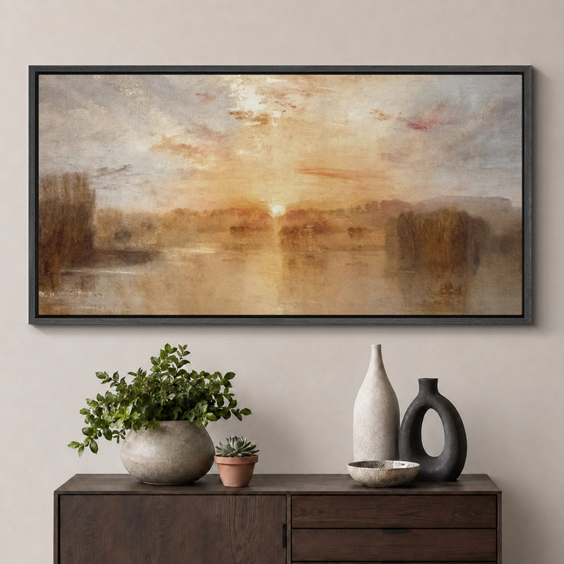 «Golden Lake Sunset», impression sur toile encadrée, décor naturel impressionniste chaleureux, H 30 po x l 60 po, Noir