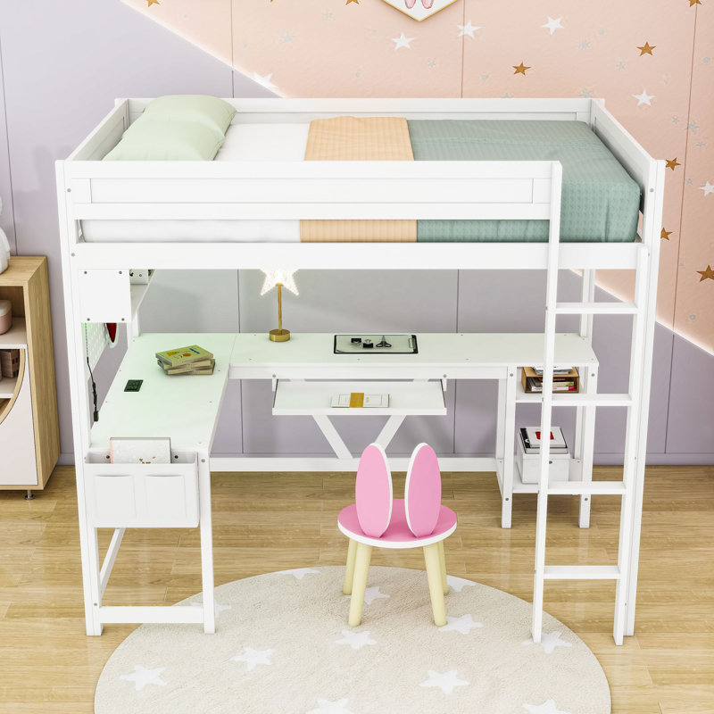 Lit mezzanine double en bois avec tablettes, DEL, station de charge et bureau intégré, Blanc