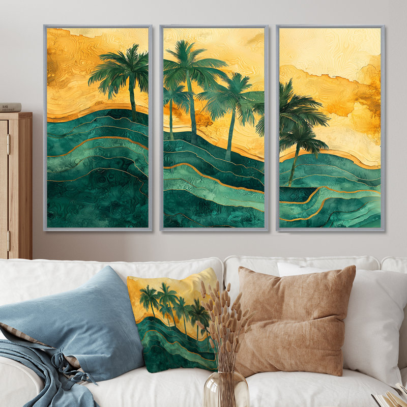 Palmiers sur une île tropicale IV - palmiers, art mural - 3 pièces, H 32 po x l 48 po, Impression encadrée sans passe-partout