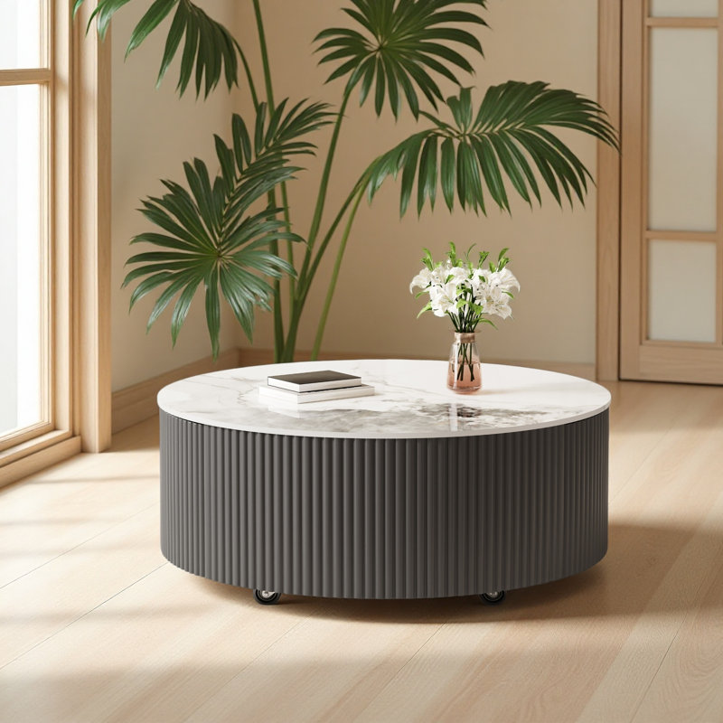 Table basse ronde moderne mobile avec roulettes, 2 tiroirs, plateau en pierre frittée à motif marbré, 29,5 po, White/Grey