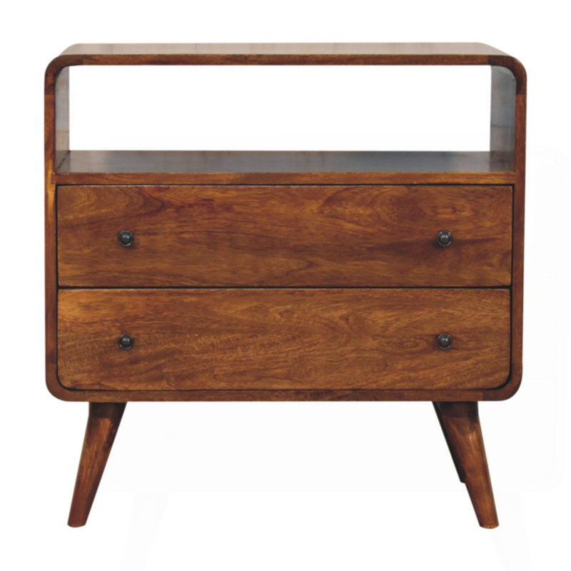 Console nordique courbée en bois massif, 2 tiroirs, 1 rangement ouvert, pieds nordiques, brun