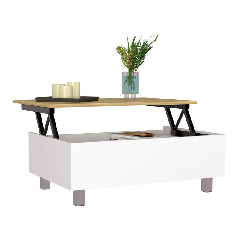 Table basse à plateau relevable Gambia, quatre pieds - blanc / chêne clair