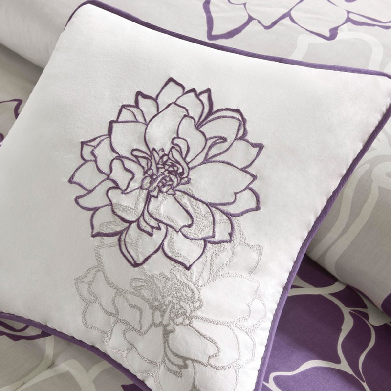Élégant édredon très grand gris / mauve taupe avec tissu en coton, rembourrage et 3 oreillers décoratifs, literie très grand, édredon, jupe de lit, brodé