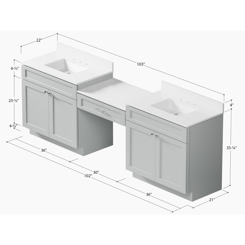 103'' Double Bathroom Vanity with Quartz Top, Gray