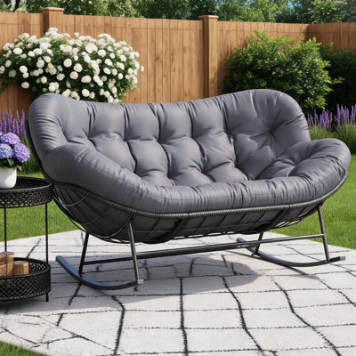 Double chaise berçante d'extérieur en rotin PE avec structure en acier thermolaqué et coussin Oxford | Causeuse Papasan pour patios, porches et vérandas